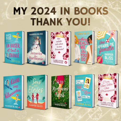 Harper Bliss's 2024 book releases, featuring ten book covers in multiple languages (French, German, Italian, and English) with festive holiday-themed decorations and the text 'My 2024 in Books - Thank You!