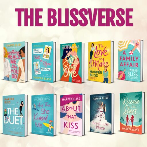 The BlissVerse: Ten sapphic romance novels by Harper Bliss displayed as colorful book covers on a sparkling light background.