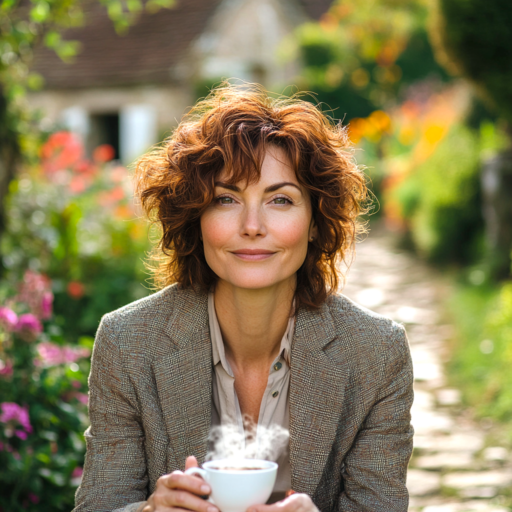 Portrait of Gloria Young, a poised woman in her late 50s with short, curly auburn hair, sitting in a lush British countryside garden. Her expression is confident yet reflective, capturing her character from If You Kiss Me Like That.