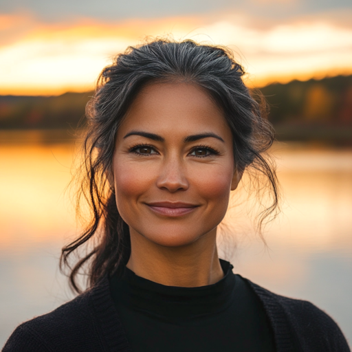 Portrait of Kay Brody, a calm and confident woman with short hair, standing in a serene lakeside setting. She exudes warmth and strength, symbolizing her role in At the Water's Edge.