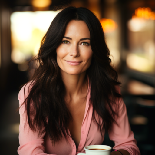 Portrait of Micky Ferro from No Strings Attached, a brunette woman smiling warmly in a coffee shop, wearing a pink blouse and sitting with a cup of coffee.