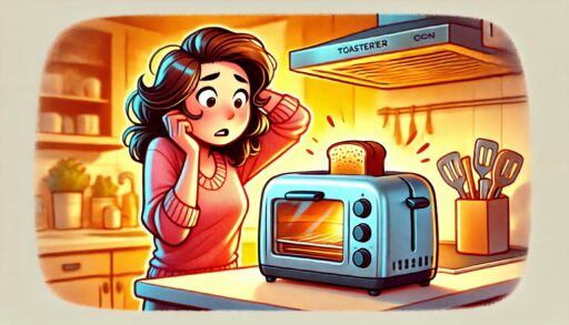 A humorous illustration of a flustered woman staring at a toaster oven in a cozy kitchen, with a slice of toast popping out and glowing warmly.