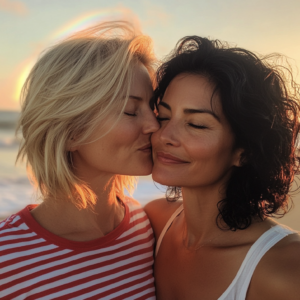 Romantic couple on a beach at sunset, sharing a tender moment, representing the love and connection central to the Pink Bean series guide.