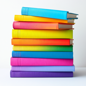 A colorful stack of books in vibrant rainbow hues, representing LGBTQ+ stories, queer joy, and the diversity of sapphic romance novels.