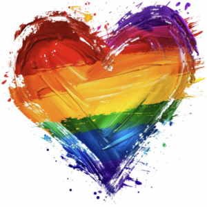 A vibrant rainbow-colored heart painted with bold brushstrokes, symbolizing queer joy, LGBTQ+ pride, love, and happiness.