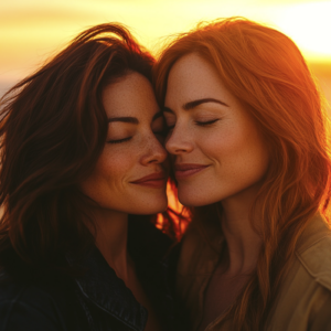 A romantic image of two women embracing tenderly at sunset, symbolizing queer joy, love, and the beauty of sapphic romance.