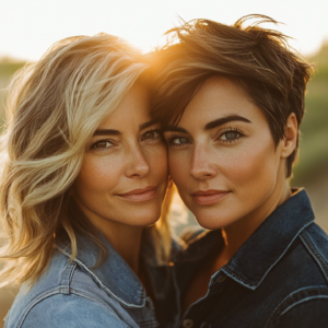 Close-up of a loving couple, both women, gazing into the camera with warm expressions, bathed in golden sunlight. A perfect representation of queer love and connection.