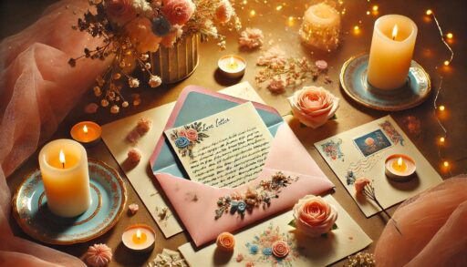 A beautifully decorated love letter spilling out of a pink envelope, surrounded by roses, glowing candles, and delicate floral stationery, set in a warm and romantic atmosphere.