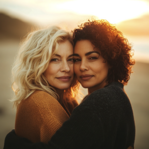 Two women embracing on a beach at sunset, one with blonde wavy hair and the other with curly dark hair, radiating love and warmth.