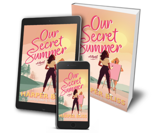 Cover of "Our Secret Summer" by Harper Bliss, a sapphic age-gap romance novel, displayed in ebook, paperback, and phone formats. The cover features two women—one painting, the other watching—set against a warm, summery backdrop.